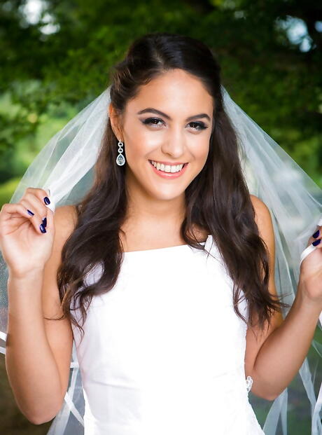 Shapely latina dark-haired Carolina Abril exposing small tits and masturbating outside