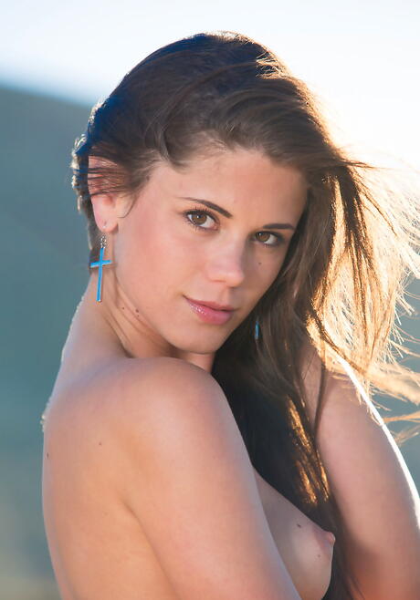 Gracile czech brunette young Little Caprice in skirt baring her butt and pussy outside